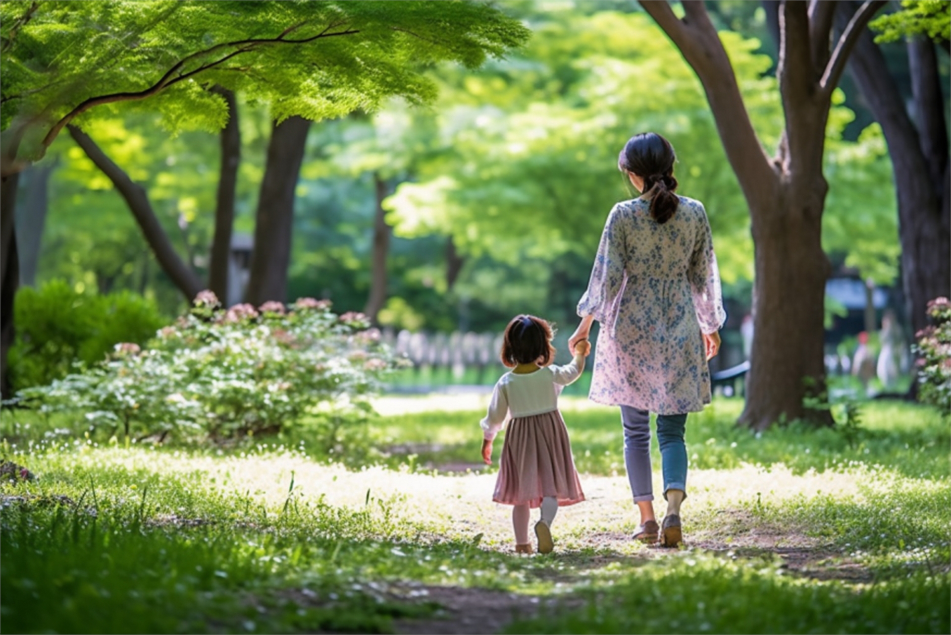 自然環境豊かな公園　子育て中の女性　多様性